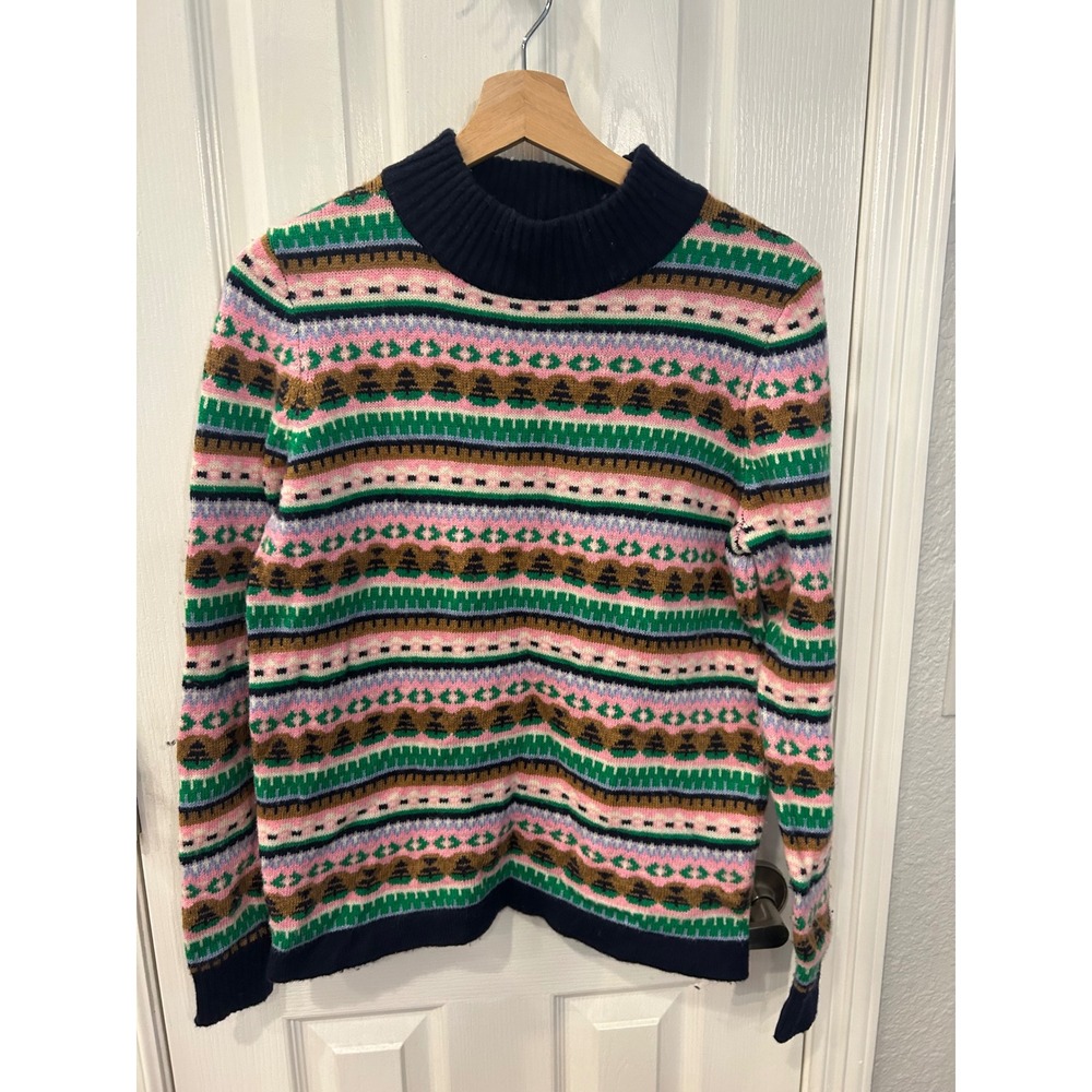 J.Crew Sweater Multi Fair Isle Lambswool Blend Mock Neck Pine Tree Knit Holiday